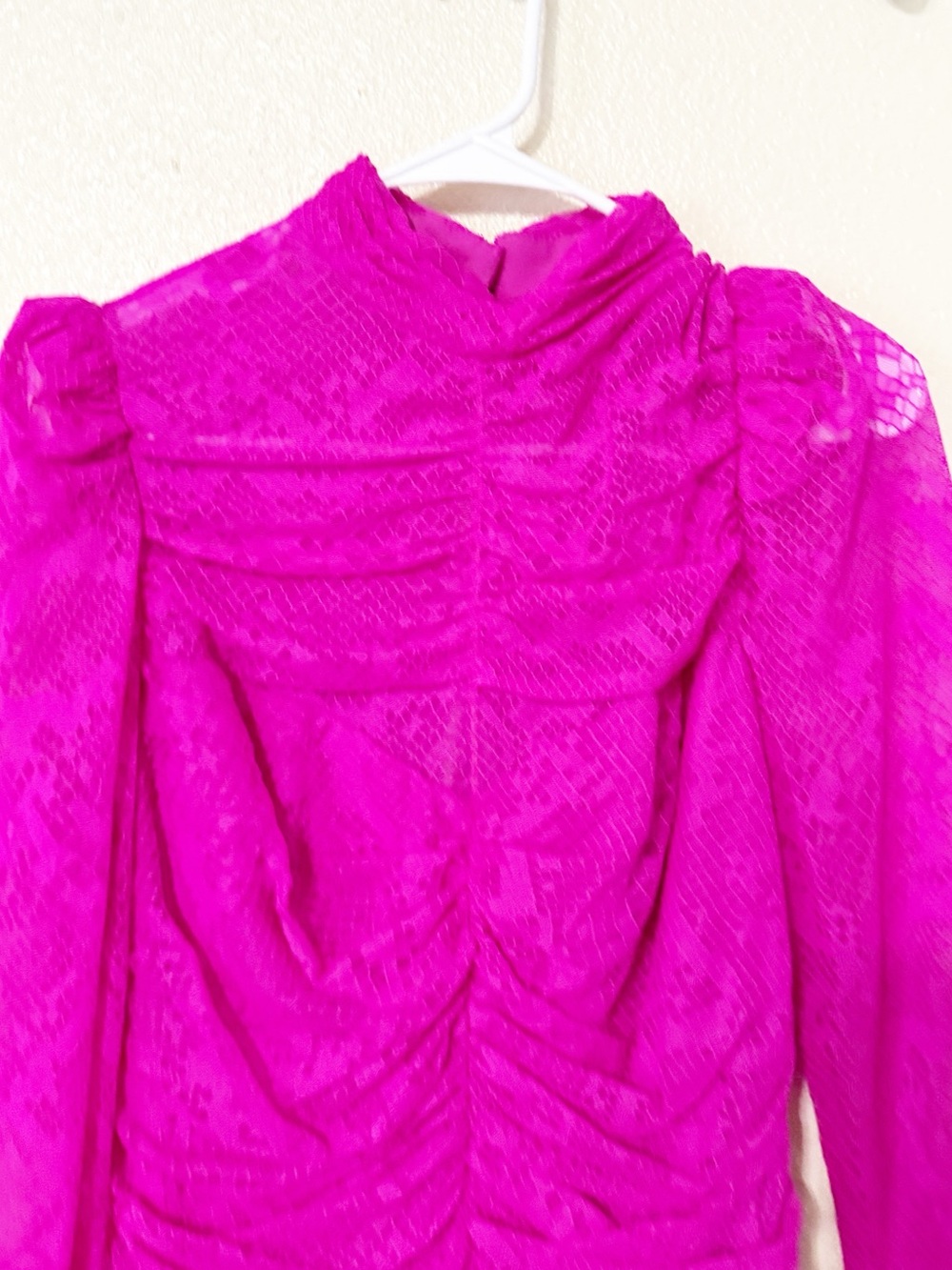 Saylor Marcey Fuchsia Pink Lace Ruffle Mock Neck Ruched Mini Dress Size Large - Picture 12 of 15